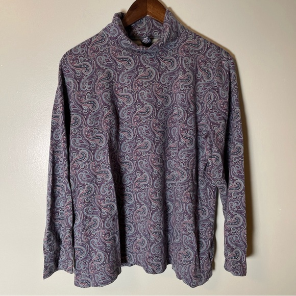 Lands End Turtleneck Women's 1X (16W-18W) Blue Purple Paisley Thermal Vintage - Picture 2 of 9